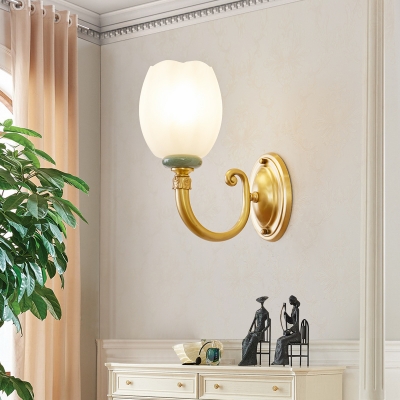 Vintage Stylish Petal Wall Sconce Lighting 1/2-Light Opal-White Glass Wall Lamp in Brass for Bedroom