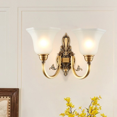 White Glass Bell Wall Lighting Vintage Style 1/2-Light Living Room Wall Sconce Fixture with Brass Curved Arm