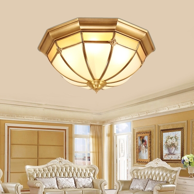 White Glass Bowl Ceiling Mount Colonialism 3/4/6 Bulbs Living Room Flush Light Fixture in Brass, 14