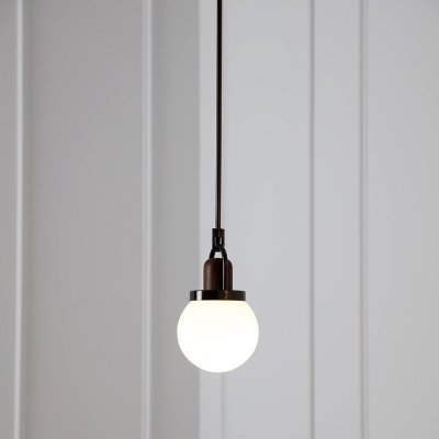 White Glass Sphere Pendant Light Fixture Modern 1 Head Black Hanging Lamp Kit with Wood Cap, 6