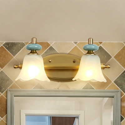 Wide Flared Vanity Lighting Contemporary Opal Glass 2/3 Heads Sconce Light Fixture with Brass Metal Curved Arm