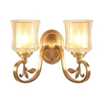 1/2-Head Bell Wall Lamp Vintage Style Amber Glass Wall Sconce Light in Brass for Living Room