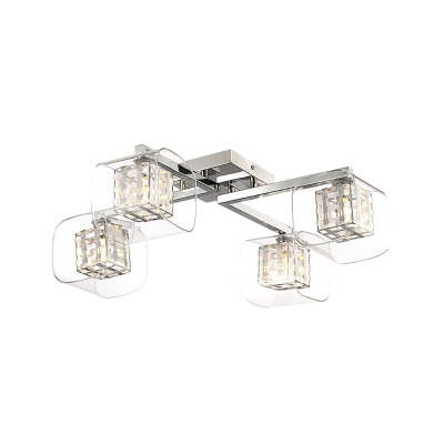 4/6 Lights Cube Semi Flush Lighting Glass and Metal Contemporary Ceiling Lamp for Living Room