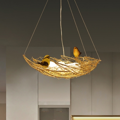 6/9 Lights Egg Chandelier Lighting with Metal Nest and Bird Accents Vintage White Glass Hanging Light in Gold, 19.5