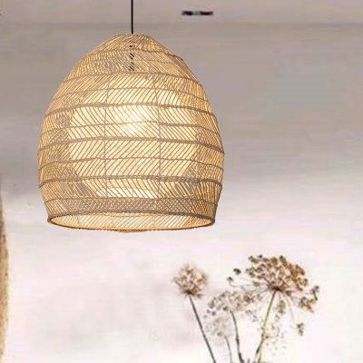 Adjustable Woven Pendant Lighting Nordic 1 Bulb Handmade Rattan Hanging Ceiling Light in Beige