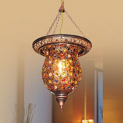 Antique Copper Urn Pendant Light Single Light Metal Bohemia Suspension Light for Foyer