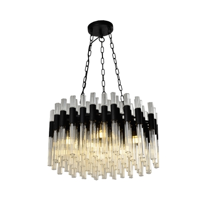 Black Drum Chandelier Lamp Contemporary 8 Heads Fluted Crystal Hanging Ceiling Light