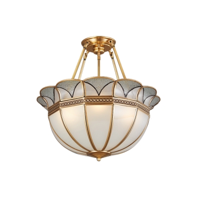 Brass 4 Heads Semi Flush Light Colonialism Sandblasted Glass Scalloped Ceiling Fixture for Dining Room