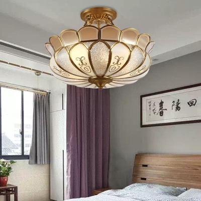 Brass 4 Lights Semi Flush Mount Lighting Colonialism Curved Frosted Glass Scalloped Ceiling Mounted Light for Dining Room