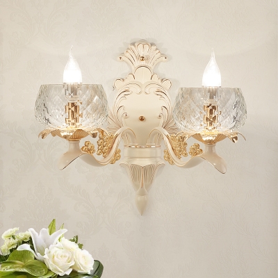 Carved Arm Wall Light Sconce with Clear Glass Bowl Lampshade Vintage 1/2 Bulbs Wall Mount Light in White