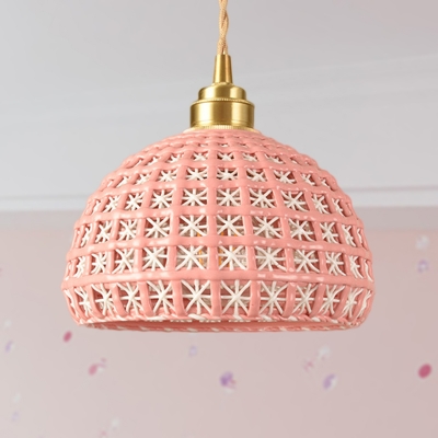 Ceramic Domed Hanging Lamp Vintage Stylish 1 Light Blue/Pink Pendant Lighting with Hollow Out Design