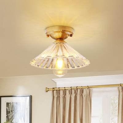 Cone Flush Mount Lamp with Clear Striped Glass Shade Vintage 1 Light Flush Ceiling Light in Brass