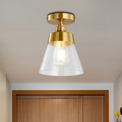 Conic Corridor Ceiling Light Fixture Clear Glass 1 Bulb Industrial Style Semi Flush Mount Light in Brass Finish