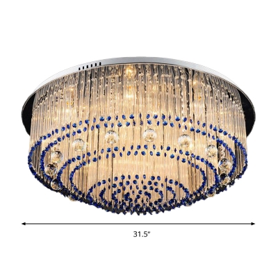 Contemporary Round Ceiling Light Clear Fluted Crystal Rod Living Room 6/9/14 Heads Flush Light in Nickel