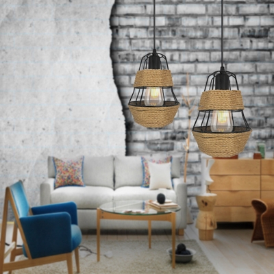 Country Style Caged Ceiling Hanging Light Metal and Rope 1 Light Dining Room Suspension Lamp in Black