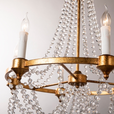 French Country Candle Chandelier with Crystal Beads Strand 6 Lights Metal Aged Brass Pendant Lighting