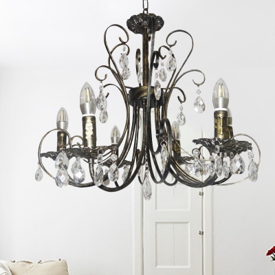 French Style Curved Iron Candle Chandelier 6 Lights Bronze Ceiling Lighting with Crystal Drops