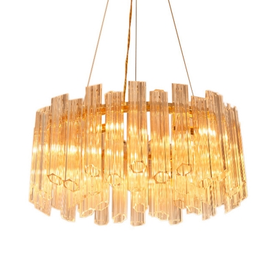 Gold Round Hanging Lamp Kit Postmodern 8 Heads Ridged Clear Crystal Chandelier Light