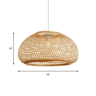Handwoven Hanging Pendant Light with Dome Bamboo Shade 1 Head Asian Ceiling Hanging Light in Wood, 16