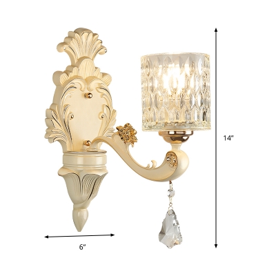 Honeycomb Pattern Glass Wall Light with Clear Cylinder Shade Vintage 1/2 Lights Wall Mount Lamp in Beige