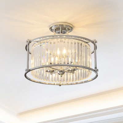 

Metal Frame Drum Semi Flush Mount Vintage 4 Lights Ceiling Light with Crystal Prism in Chrome Finish, HL565581