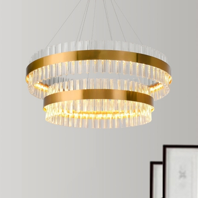 Postmodern Circle Chandelier Light Tri-Sided Crystal Rod Living Room LED Hanging Lamp, 23.5