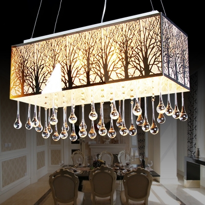 Rectangle Island Lamp Modern Waterdrop Crystal 3 Heads White Hanging Light Fixture