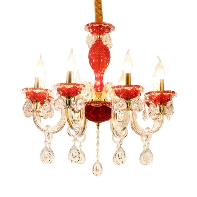 Red Candelabra Chandelier Light Fixture Traditional Crystal Drip 6/8 Heads Restaurant Hanging Lamp