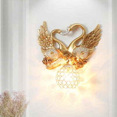Swan Resin Wall Mount Light Antique Style 1 Light Gold Wall Sconce Light with Dome Crystal Shade