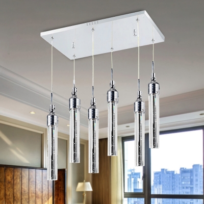 Tube Shaped Cluster Pendant Contemporary Crystal 6 Lights Chrome Ceiling Light in Warm/White Light
