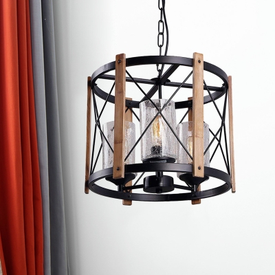 Vintage Cylinder Pendant Lamp 3 Lights Crackle Glass Chandelier Lighting in Black with Cage