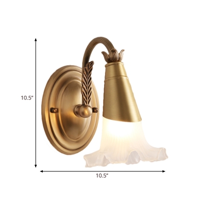 1/2-Light Flower Wall Sconce Traditional Style Gold Metal Wall Lighting with Frosted Glass Shade