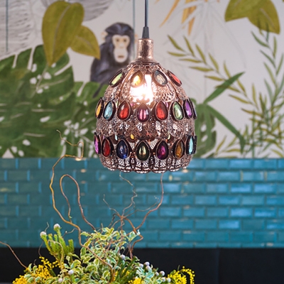 1/3-Light Dome Pendant Ceiling Fixture with Crystal Gem Bohemia Hanging Light in Weathered Copper with Round/Linear Canopy
