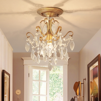 1 Bulb Living Room Flush Lamp Traditional Golden Mental Bent Armed Semi Flush Ceiling Light with Crystal Droplet