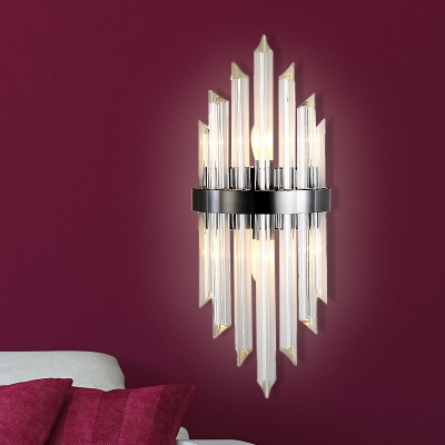 2 Heads Living Room Wall Mounted Light Postmodern Black Sconce Light with Half-Cylinder Crystal Block Shade