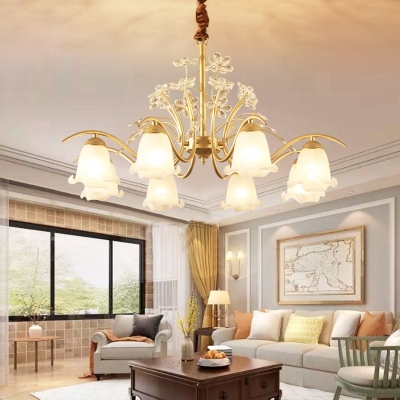 3/6/8-Light Ruffle Glass Chandelier Antique Golden Scalloped Pendant Light Fixture with Crystal Accent