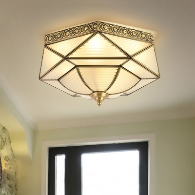 4-Light Opal Glass Flush Light Colonialist Brass Faceted Bedroom Close to Ceiling Lighting