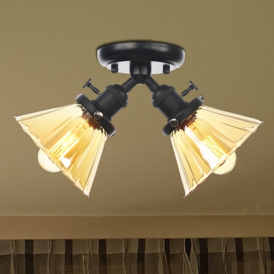 Amber/Clear Glass Cone Semi Mount Lighting Industrial Style 2 Lights Black/Bronze Ceiling Light Fixture for Indoor