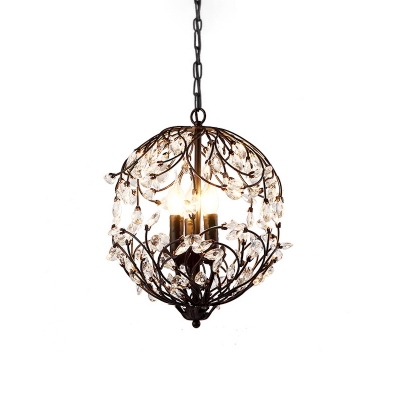 Black/Bronze Floral Hanging Pendant Light Traditional 3-Light Iron Suspension Lamp with Crystal Accent