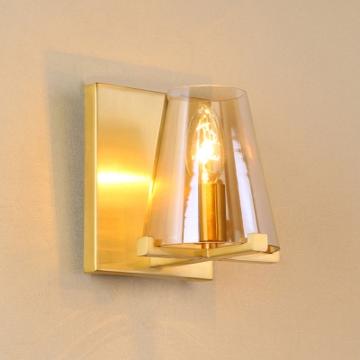 Brass 1 Bulb Wall Lamp Colonial Clear Glass Tapered Sconce Light Fixture for Bedroom