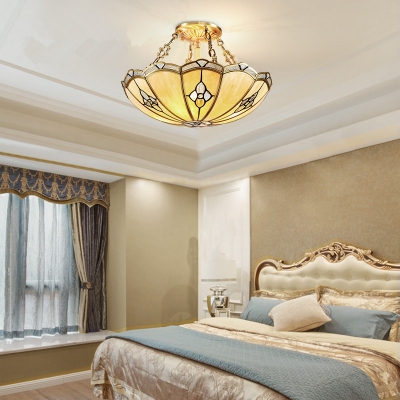 Brass 4 Heads Semi Flush Light Colonialism Sandblasted Glass Scalloped Ceiling Fixture for Bedroom, 18