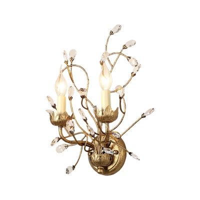Clear Crystal Branch Flush Wall Sconce with Candle Vintage 2 Heads Wall Mount Lamp in Antique Brass