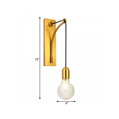 Clear Lattice Glass Wall Mounted Light Simple Single Exposed Bulb Wall Sconce with Gold Metal Backplate