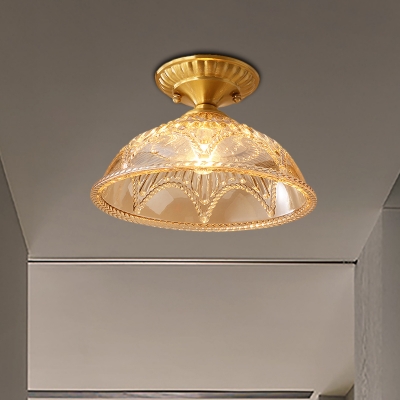 Colonial Bowl Ceiling Light Fixture 1 Bulb Amber Glass Flush Mount Lighting in Brass for Living Room