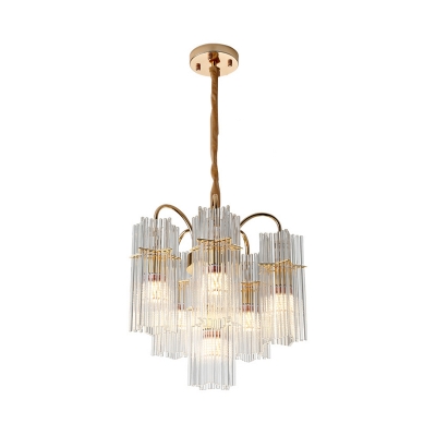 Crystal Tiered Cylinder Ceiling Chandelier Modern 6 Heads Gold Pendant Lighting Fixture with Adjustable Chain