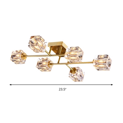 Cubic Semi Flush Mount Light Postmodern Dimple Crystal 4/6 Heads Gold Ceiling Fixture