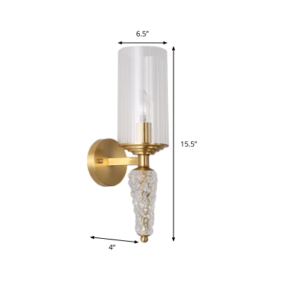 Cylindrical Clear Glass Shade Wall Mounted Lighting Vintage 1 Bulb Wall Lighting Fixture in Brass for Bedside