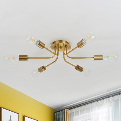 Exposed Bulb Semi Mount Light Industrial Metal 6 Lights Brass/Nickel Ceiling Light Fixture for Bedroom