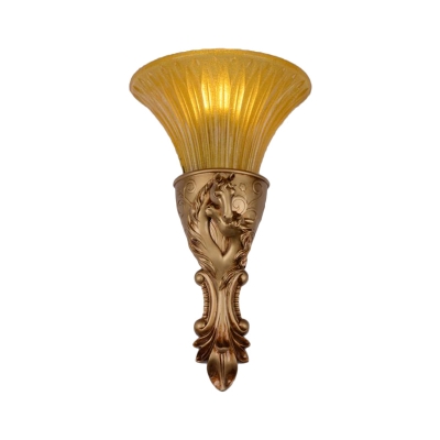 Horse Sconce Light Colony Metal 1 Head White/Gold Wall Lamp Fixture with Trumpet Amber Glass Shade