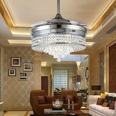 LED Bedroom Ceiling Fan Lamp Silver Semi Mount Lighting with Drum Crystal Shade, Wall/Remote Control/Frequency Conversion